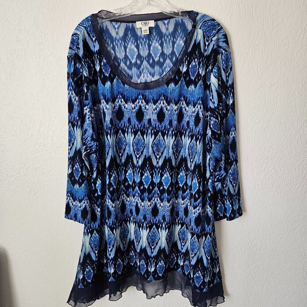 Cato Blue Tunic Top Embellished Neckline and Handkerchief Hem Size 26W-28W